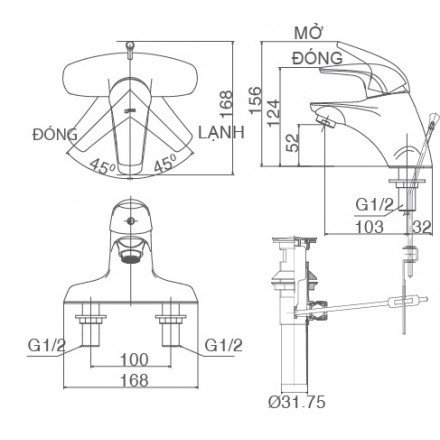 Bản vẽ kỹ thuật vòi chậu nóng lạnh INAX LFV-3001S