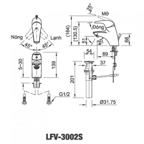 Bản vẽ kỹ thuật vòi chậu nóng lạnh INAX LFV-3002S