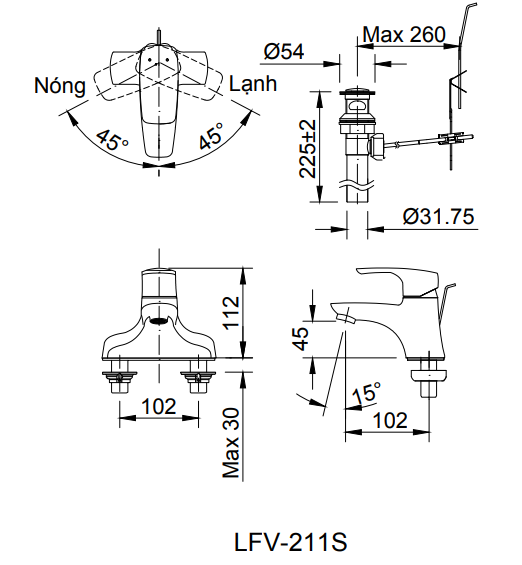 Bản vẽ kỹ thuật vòi chậu nóng lạnh inax lfv-211s